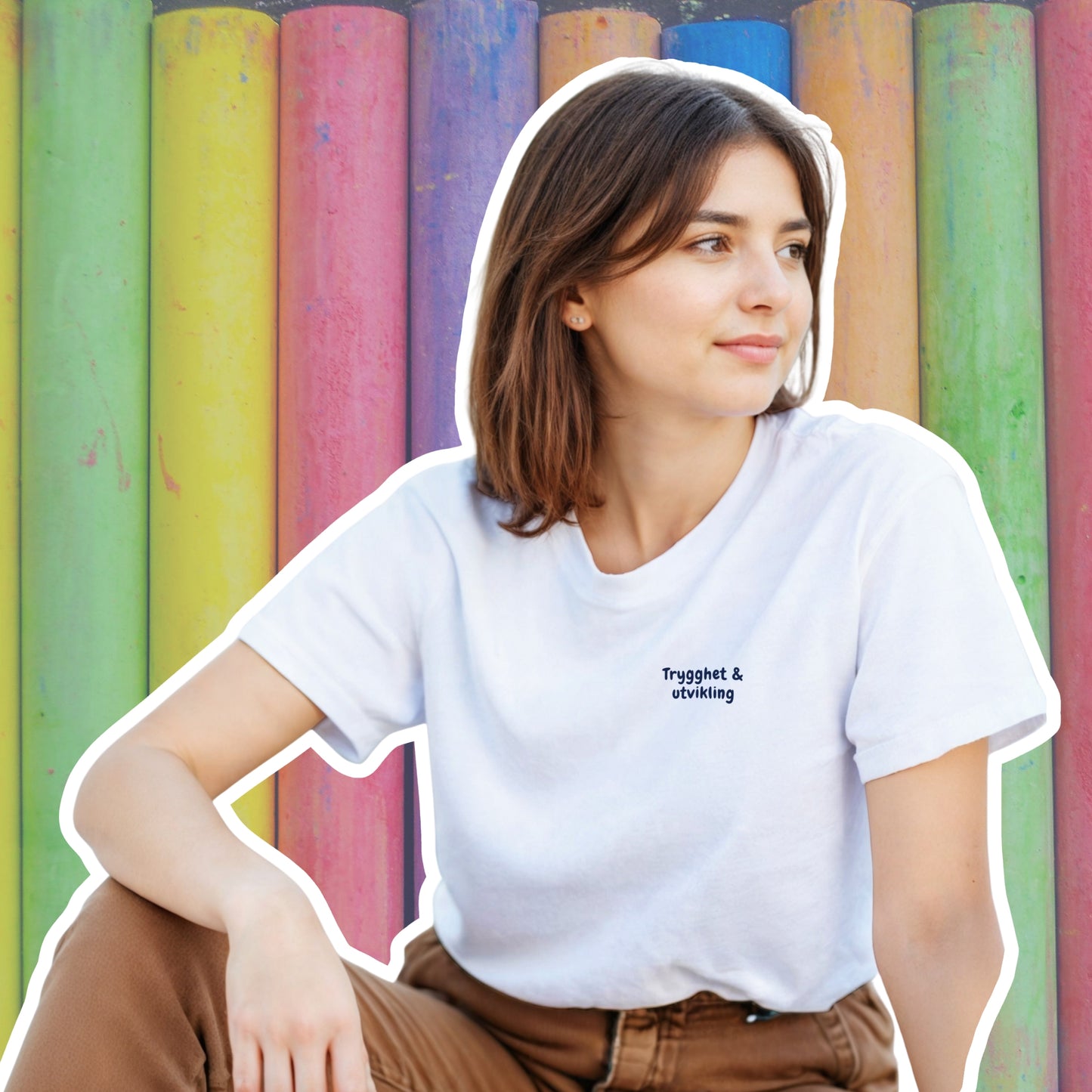 Kreativ ide til barnehageansatt. Med teksten 'trygghet og utvikling' foran og en illustrasjon av håndtegnede elementer bak med teksten 'Barnehage klubben' bak. 