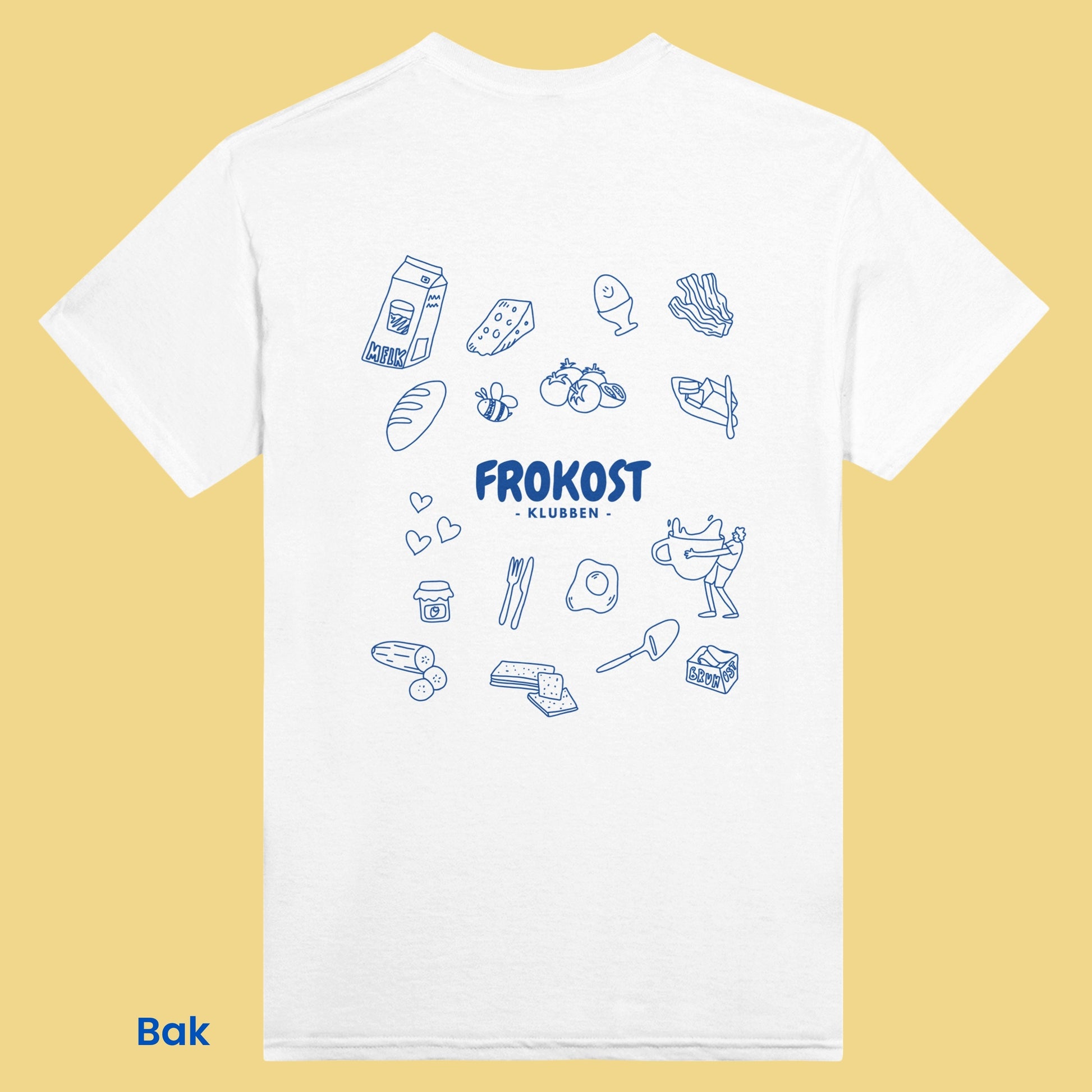 Hvit unisex t-skjorte med trykk fra Løcki Anda. Humoristisk og retro frokost motiv i håndtegnet stil.