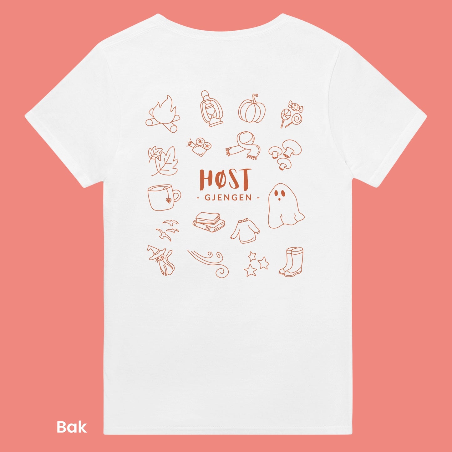Hygge og kos. En hvit unisex t-skjorte med høst trykk og oransj farge. Illustrasjon bak av høst elementer som spøkelse, gresskar, godteri, sopp, katt, stjerner og annet trykk. Til slutt teksten "Høst gjengen" i midten. En perfekt gave til den som elsker høst sesongen. 