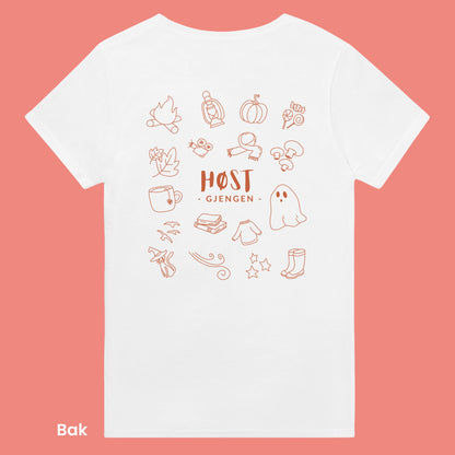 Hygge og kos. En hvit unisex t-skjorte med høst trykk og oransj farge. Illustrasjon bak av høst elementer som spøkelse, gresskar, godteri, sopp, katt, stjerner og annet trykk. Til slutt teksten "Høst gjengen" i midten. En perfekt gave til den som elsker høst sesongen. 
