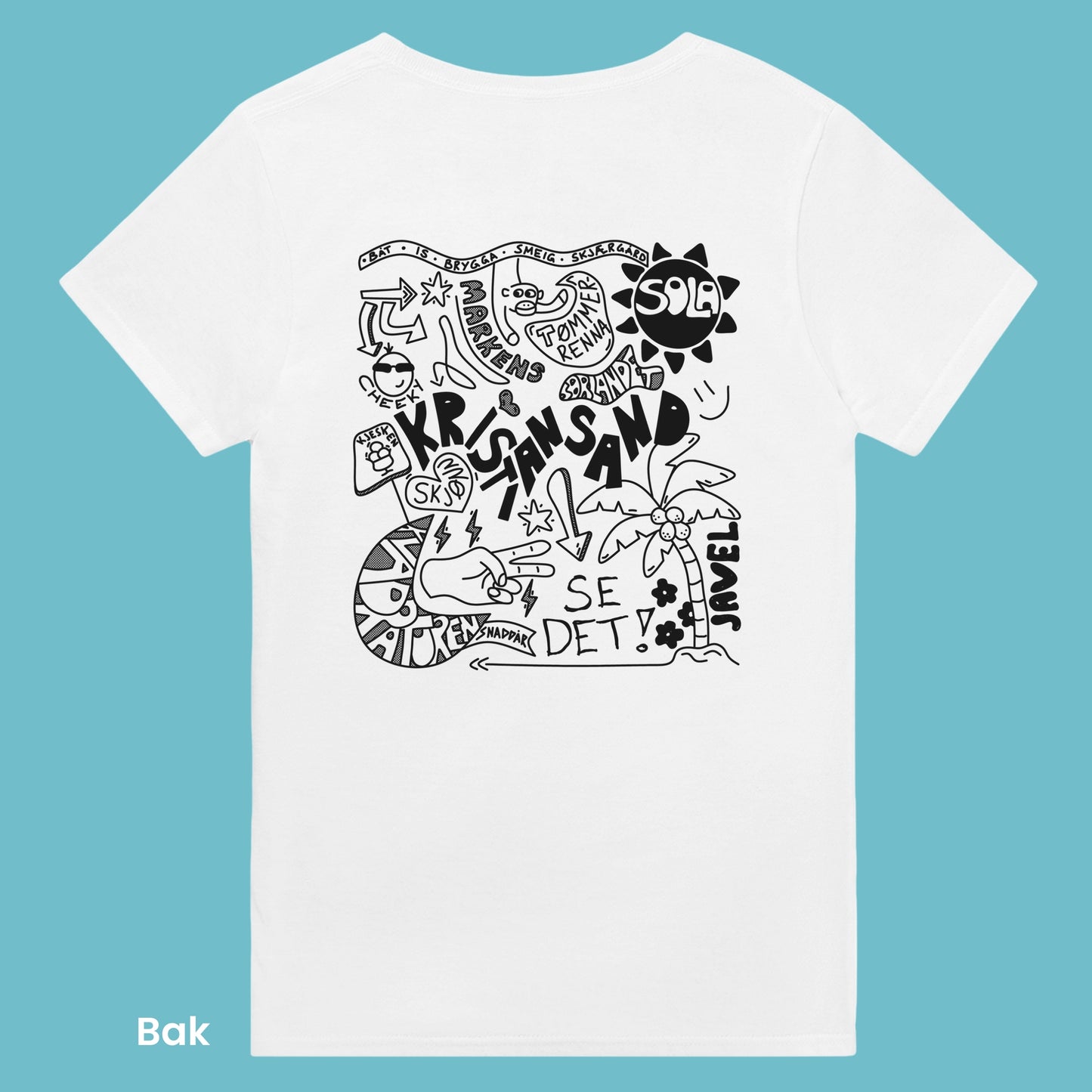 Morsom og unik gave til Sørlendingen. Kristiansand med alt som har med dialekt og utsagn og si. Kreativ ide for en Kristiansander du er glad i. Hvit unisex t-skjorte med håndtegnet print som passer til de fleste casual outfits.