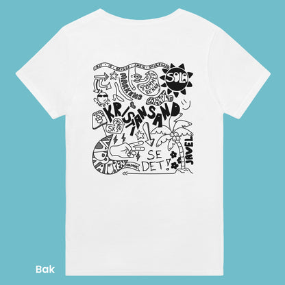 Morsom og unik gave til Sørlendingen. Kristiansand med alt som har med dialekt og utsagn og si. Kreativ ide for en Kristiansander du er glad i. Hvit unisex t-skjorte med håndtegnet print som passer til de fleste casual outfits.