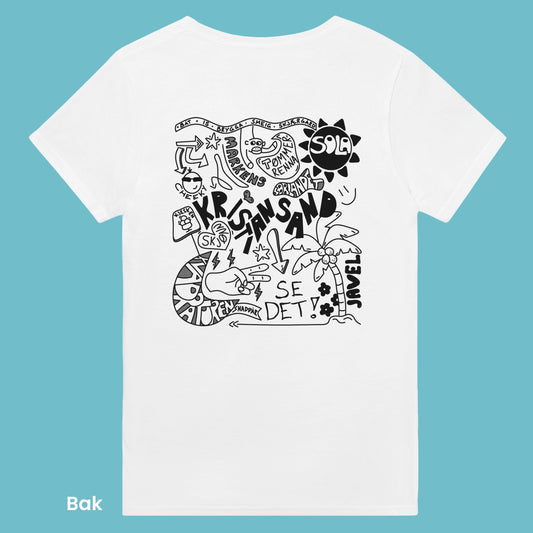 Morsom og unik gave til Sørlendingen. Kristiansand med alt som har med dialekt og utsagn og si. Kreativ ide for en Kristiansander du er glad i. Hvit unisex t-skjorte med håndtegnet print som passer til de fleste casual outfits.