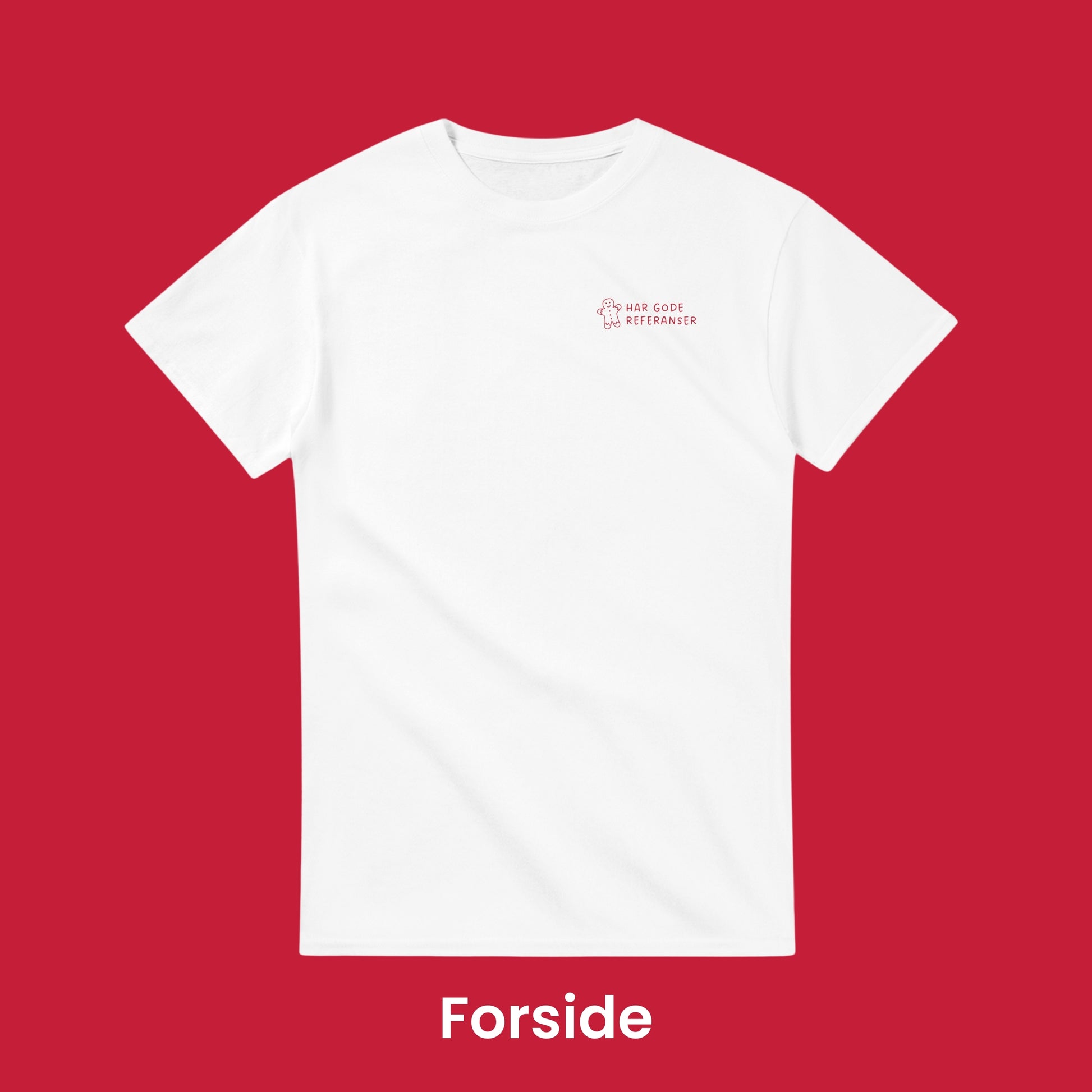 Humoristisk t-skjorte til jul, med tekst «Har gode referanser» og illustrasjon av julekake og godteri.