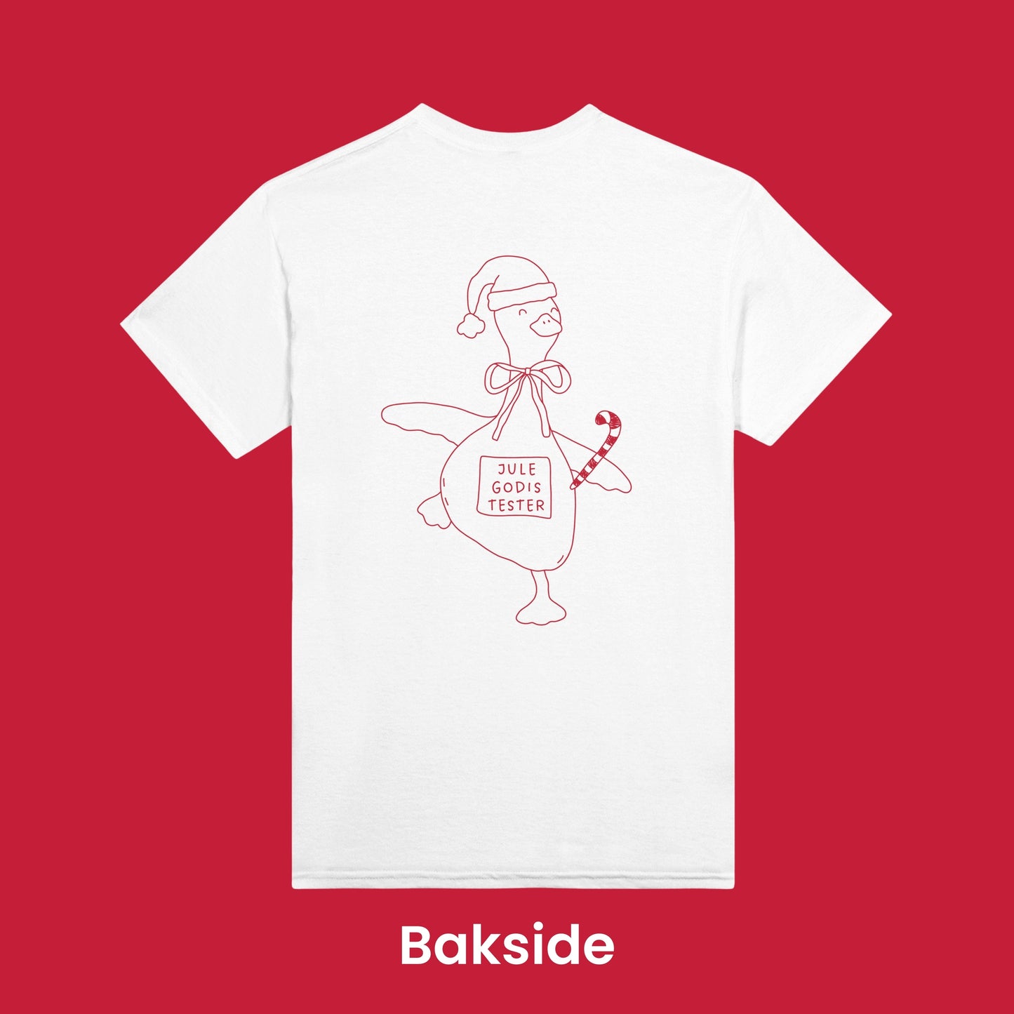 T-skjorte «Har gode referanser» foran med pepperkake og «Julegodis tester»-gås bak – morsom julegave.