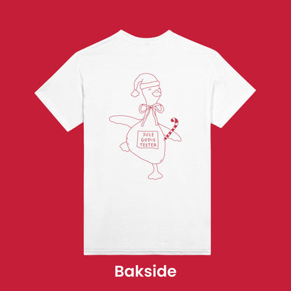 T-skjorte «Har gode referanser» foran med pepperkake og «Julegodis tester»-gås bak – morsom julegave.