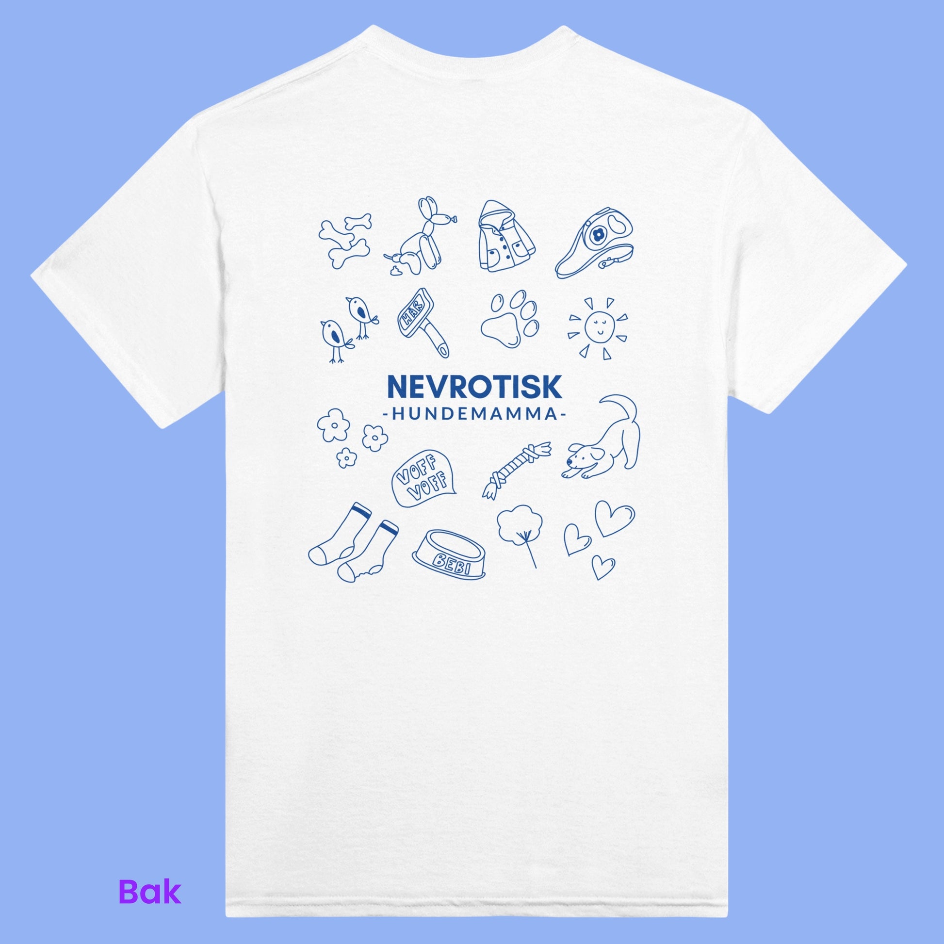 Blå illustrasjoner på hvit unisex t-skjorte, med hunde tema. En perfekt gave til en nevrotisk hundemamma som du ikke skal tulle med. Passer til de fleste antrekk og casual bruk på tur. 