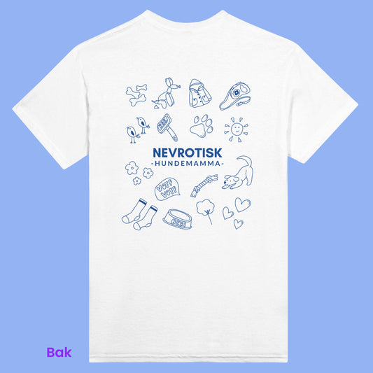 Blå illustrasjoner på hvit unisex t-skjorte, med hunde tema. En perfekt gave til en nevrotisk hundemamma som du ikke skal tulle med. Passer til de fleste antrekk og casual bruk på tur. 